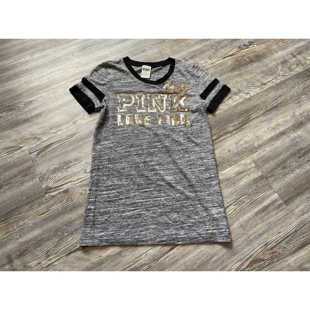 Victoria’s Secret PINK Sz Small Short Sleeve Gray Sequin Bling T-Shirt Top